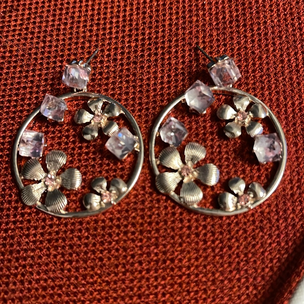 Badgley Mischka Silver Floral Earrings With Pink Accents